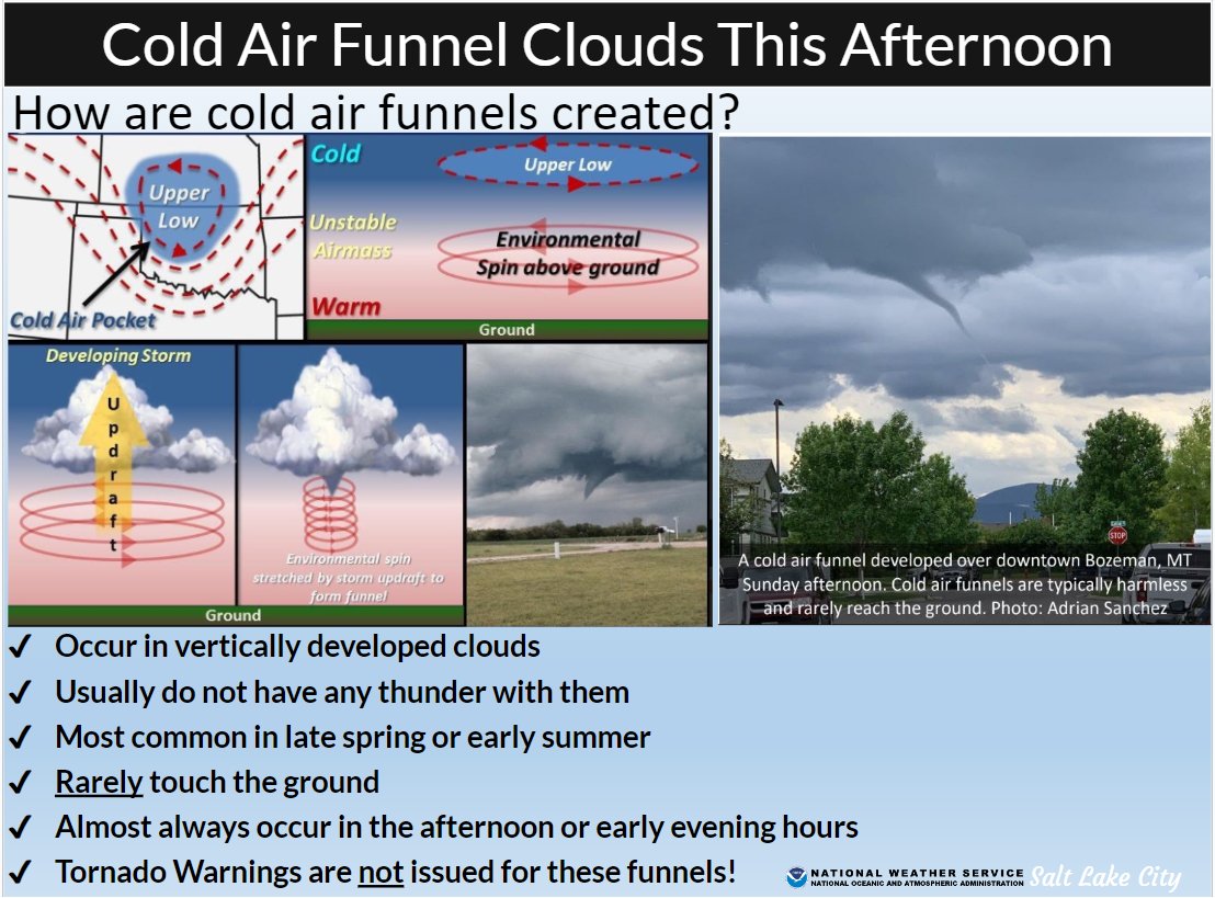 NWSSaltLakeCity's tweet photo. 🌪️A few reports of #FunnelClouds have arrived this afternoon south of Evanston. These are known as cold air funnel clouds. They are weak and rarely, if ever, reach the ground thus are unlikely to cause any damage. Learn more below! #UTwx #WYwx https://t.co/Q7WVbQPYX0