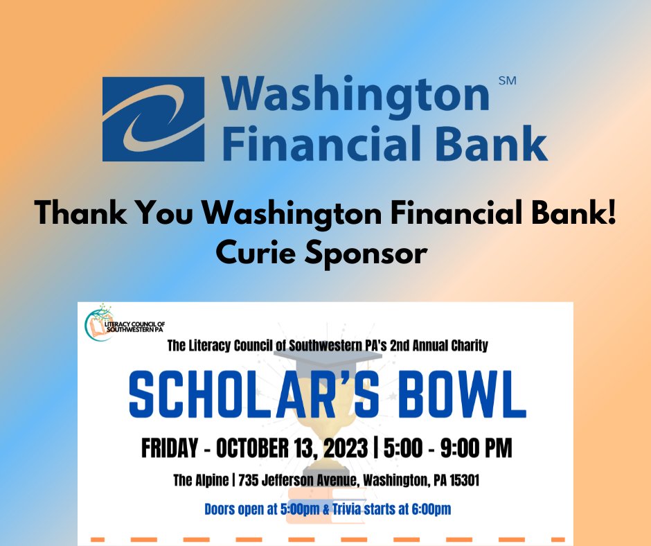 Save the date for our 2nd Annual Charity Scholar's Bowl Trivia Event - October 13, 2023!

Thank you to our first sponsor - Washington Financial Bank!

Want more information? Contact us at 724.228.6188 or lauren@lcswpa.org.