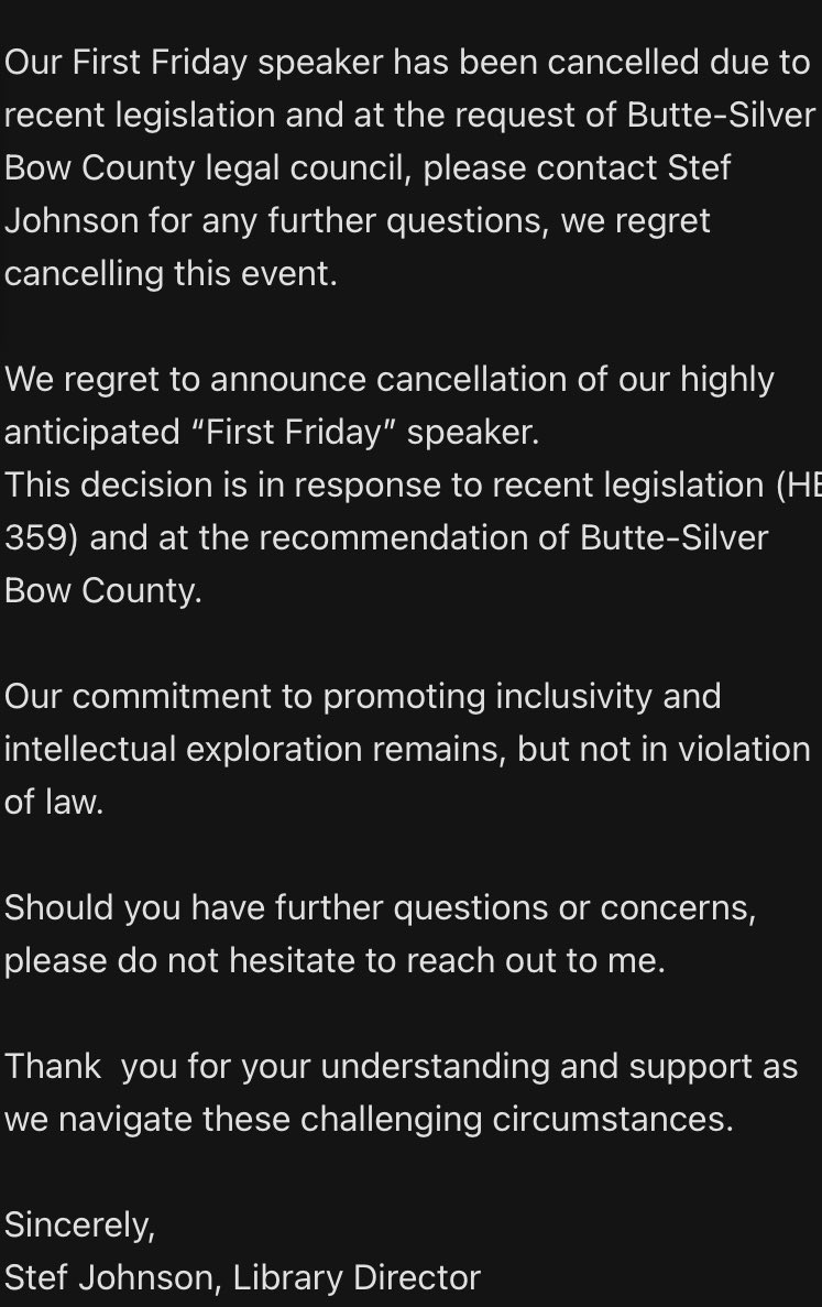 Major trans news. I warned, repeatedly, that drag bans would be applied to trans speakers. A trans public speaker was just banned from delivering a reading and speech in the Butte Public Library on LGBTQ history in Montana. They cited the drag ban.