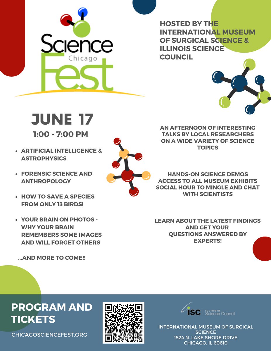 IL Science Council (@illinoisscience) on Twitter photo On Saturday, June 17, ISC and <a href="/IMSS_Chicago/">International Museum of Surgical Science</a> are offering a special afternoon of science immersion -- fascinating science talks and interactive demos for curious people like you!
Tix here: ChicagoScienceFest.org On Saturday, June 17, ISC and <a href="/IMSS_Chicago/">International Museum of Surgical Science</a> are offering a special afternoon of science immersion -- fascinating science talks and interactive demos for curious people like you!
Tix here: ChicagoScienceFest.org
