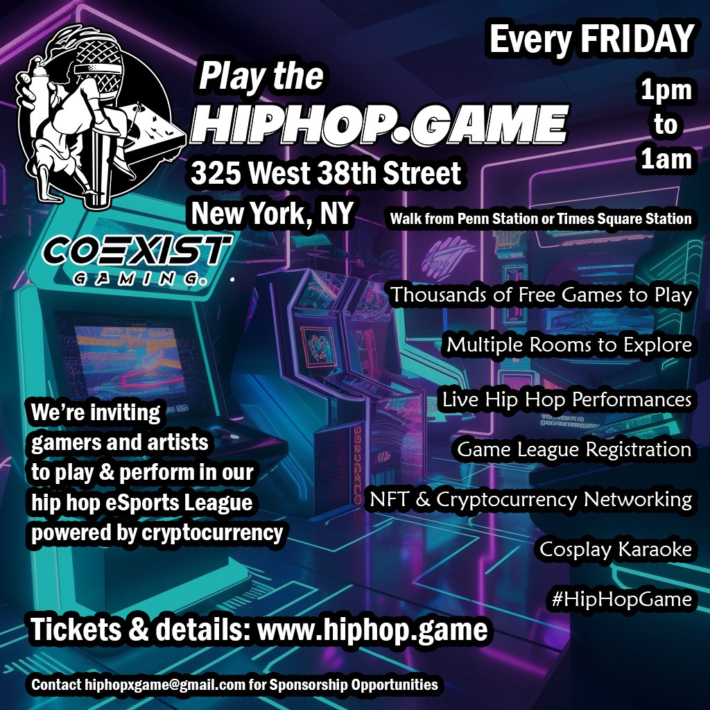 #HipHopGame Fridays <a href="/CoexistGaminggg/">Coexist Gaming®</a>

Featuring 
6/2 - Meet <a href="/Jaycode86/">J🅰️Y+CONNECTS</a> of the <a href="/Gremgoyles/">𝗚𝗥𝗘𝗠𝗚𝗢𝗬𝗟𝗘𝗦</a> 
6/9 - Meet <a href="/Smartzworld/">Smartzworld.eth</a> of the <a href="/PigeonsofNY_NFT/">Pigeons of New York NFT</a> 

Hosted by <a href="/MozayCalloway/">$Mozay Calloway | $BTC $HipHop</a> <a href="/TheeGoddess47/">afrodite</a> <a href="/SlimSultry/">SLIM| ForbesWeb3</a> <a href="/HHDB/">$HIPHOP Database</a> 

Each event is $20 or you can buy a $30 monthly membership and come every Friday