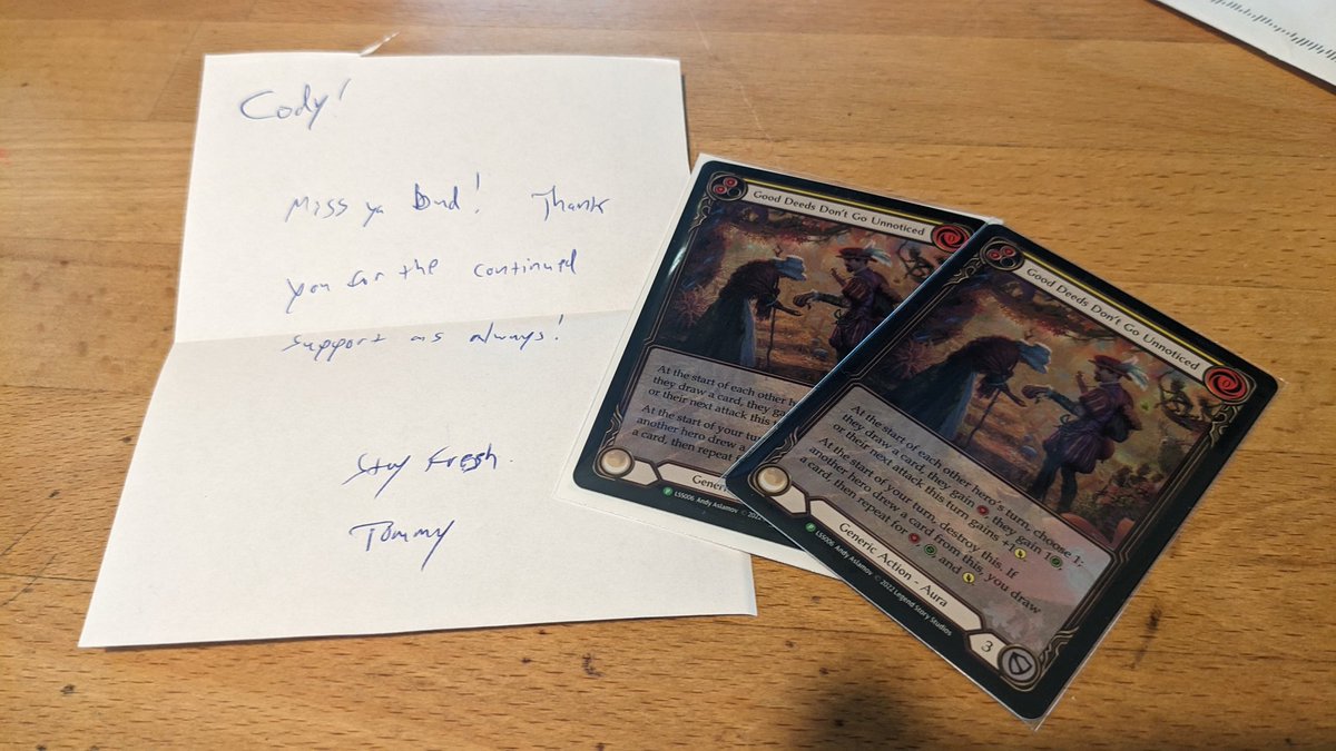 CopyCody's tweet image. On vacation this week and am now getting to my game/ card mail. Just opened my @FreshBudsPod and @DozrFAB "Good Deeds" promos! Appreciate you both for all that you do for #FaBTCG 🙌