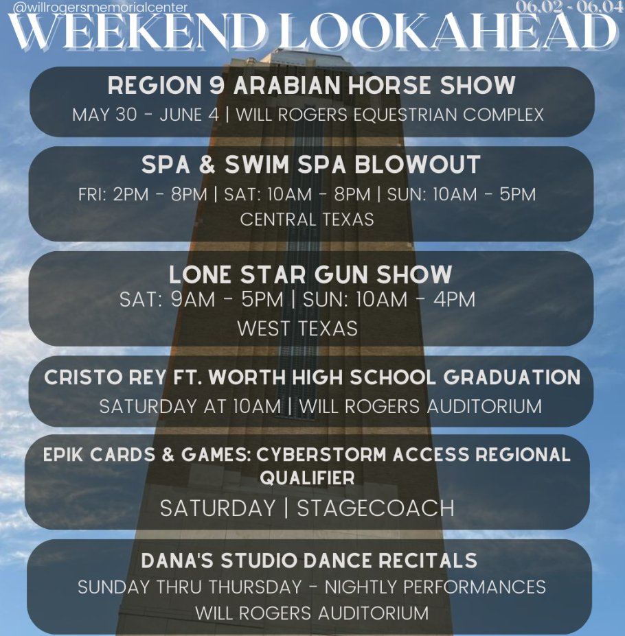 Something for just about everyone this weekend on campus! #SeeFortWorth #arabianhorses #hottub #gunshow #graduation #cardgames #dance