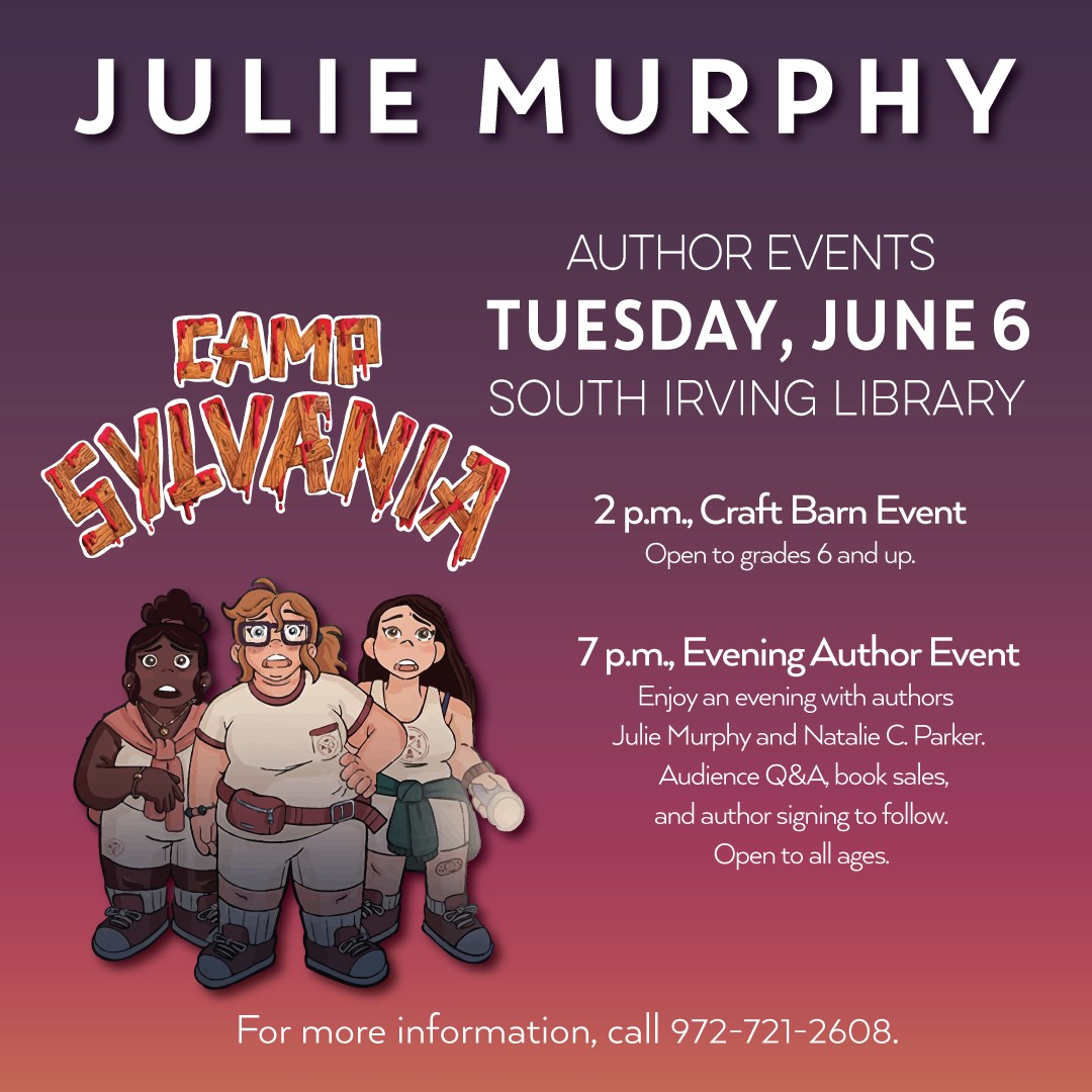 Irving Library (@irvinglibrary) on Twitter photo Take a bite out of this new middle grade mystery! <a href="/andimJULIE/">Julie Murphy</a> will be at the South Irving Library on Tuesday, June 6 to celebrate the release of her new novel, CAMP SYLVANIA, which is perfect for our Only Mysteries in the Library theme this summer! Take a bite out of this new middle grade mystery! <a href="/andimJULIE/">Julie Murphy</a> will be at the South Irving Library on Tuesday, June 6 to celebrate the release of her new novel, CAMP SYLVANIA, which is perfect for our Only Mysteries in the Library theme this summer!