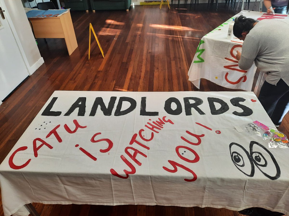Banner making for our anti-eviction rally outside at Tathony House at 12pm! 

We're sending a message to the landlord that we will not tolerate evictions in our community. Come down from 12 to support your neighbours ✊