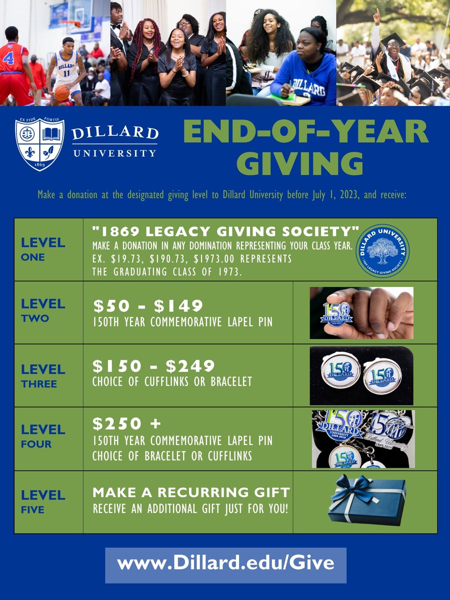 Support Dillard University by making a donation to any of our active funds or endowment scholarships, prior to June 30, 2023!

Please visit Dillard.edu/Give to visit our Giving page and make a donation today.