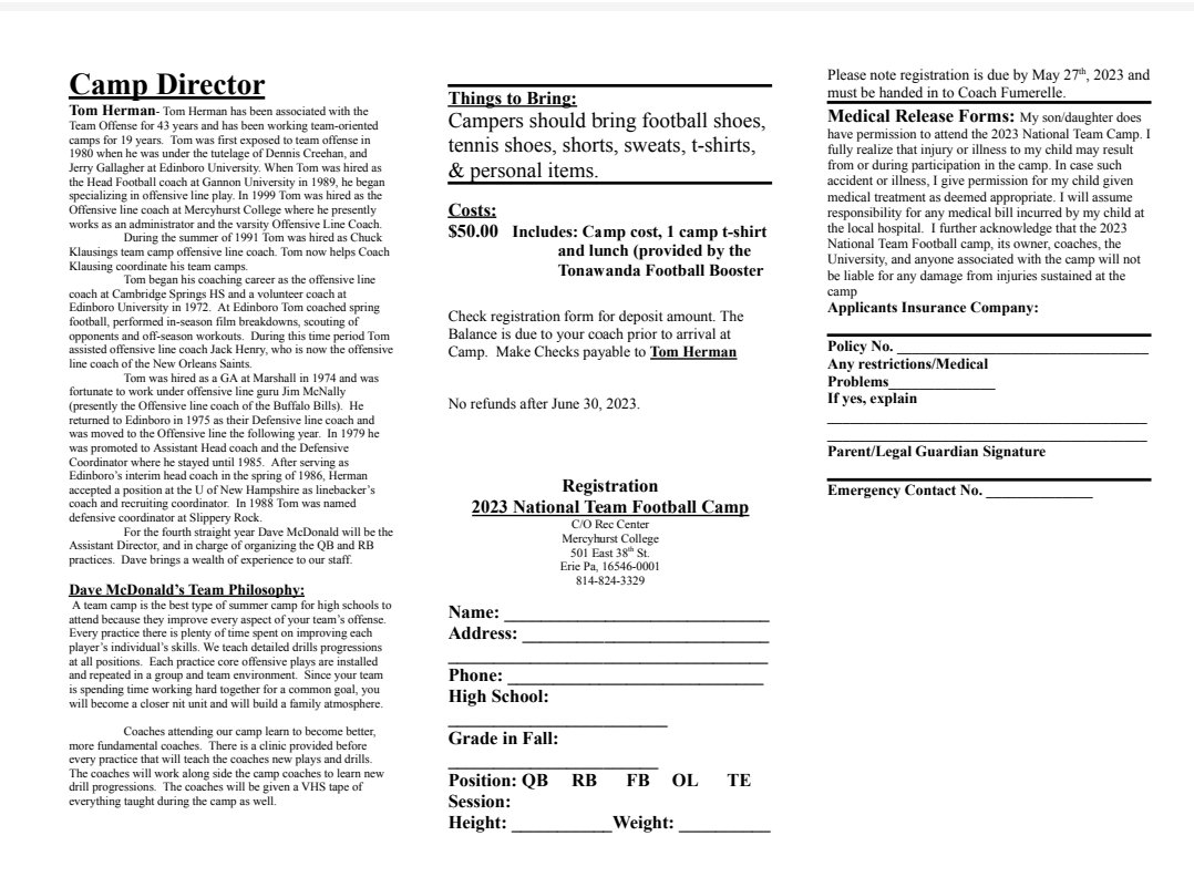 Warrior Parents! Our 2023 Football Team Camp information is here! 

A small price of $50 includes so much! July 17th &amp; 18th - mark your calendars!

Collect a flyer from a coach and return it ASAP!

🏈Go Warriors! 🏈

<a href="/TonaWarriors/">Tonawanda Athletics</a> <a href="/TonawandaCSD/">Tonawanda City Schools</a>
