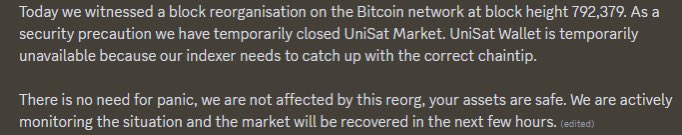 Update: @unisat_wallet  comments on downtime #OrdinalNFT #BTCNFT