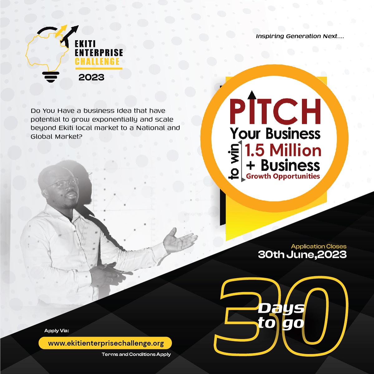 30 Days To Go

Got an Innovative Idea That can Revolutionalise The Economic Sector of Ekiti?

Apply for the Ekiti #EnterpriseChallenge and stand a chance to Win 1.5 million + Business Support Opportunities.

Apply Now:  bit.ly/ekitienterpris…

Application Closes 30th June 2023