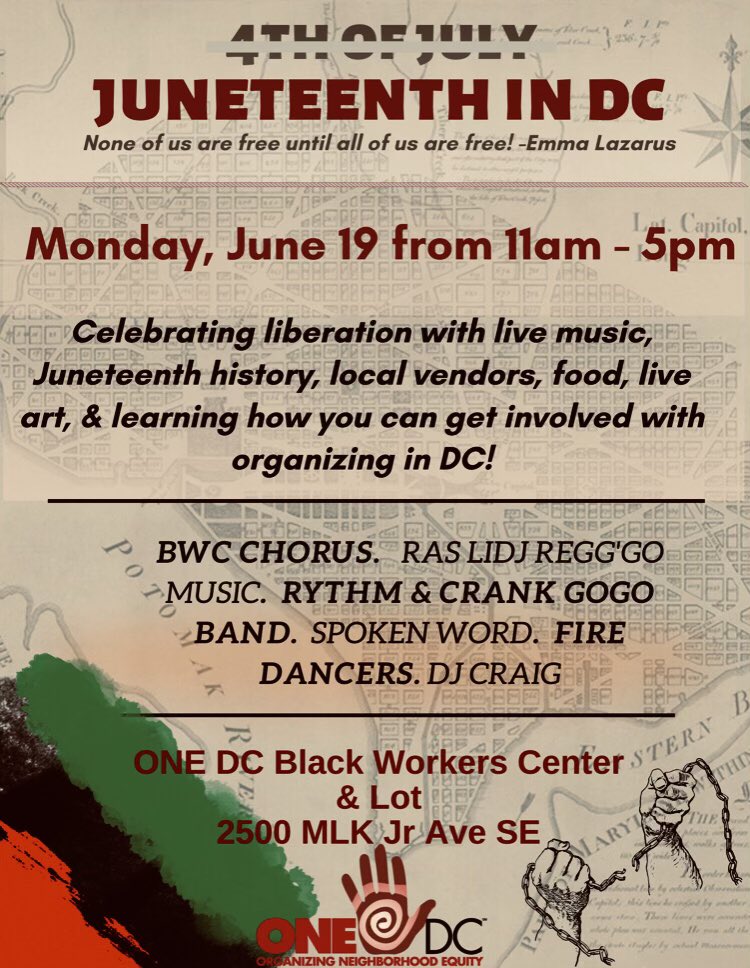 📢 JUNETEENTH in DC📢
On Monday, June 19th, ONE DC will be hosting a Juneteenth Community Festival to commemorate &amp; learn about Juneteenth. There will be live performances, vendors &amp; pop-up shops, food &amp; drinks, face painting &amp; ice cream (free for the first 50 to arrive) for kids