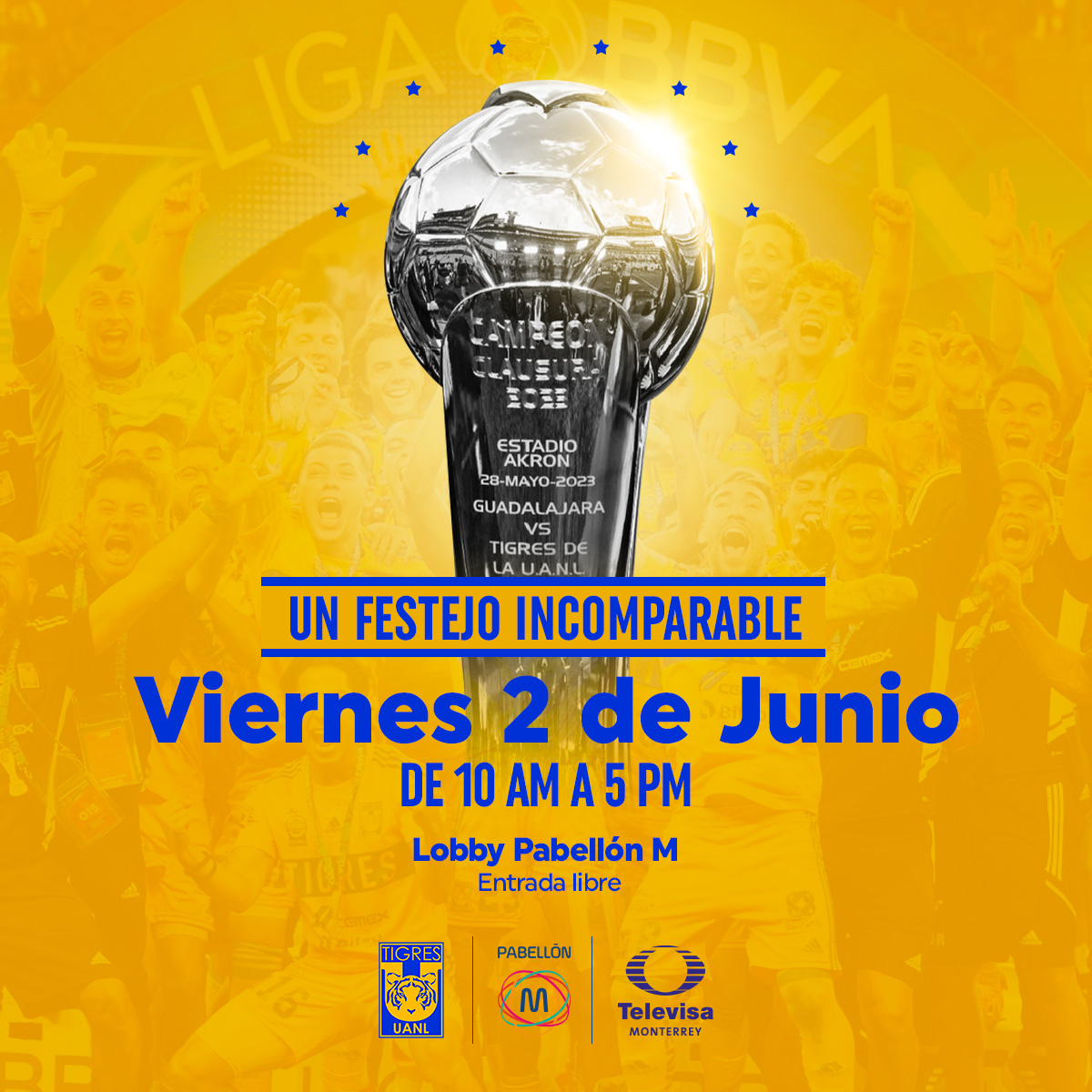 ¡Vive un día incomparable mañana en Pabellón M! ⚽🐯
￼
Ven y tómate la foto con el trofeo de la 8va estrella de <a href="/TigresOficial/">Club Tigres 🐯</a>, te esperamos de 10am a 5pm en nuestro Lobby, ¡la entrada es libre! 🏆📸