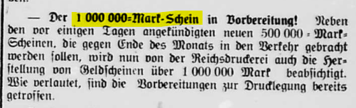 KamenzPresse's tweet photo. Im Juni 1923 überschreitet die #Inflation1923 eine wichtige psychologische Grenze: die Reichsbank beginnt mit der Ausgabe von Scheinen im Wert von 1 Million Mark.
(Kamenzer Tageblatt, 12. Juni 1923) https://t.co/plyJeL7LwN