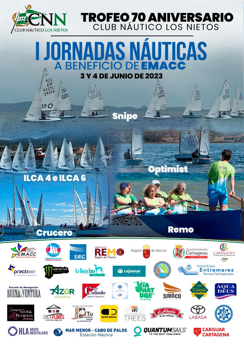 ⏳¡SÓLO QUEDA  POCAS HORAS !
 ⛵️🛶I JORNADA NÁUTICA A BENEFICIO DE EMACC Esclerosis Multiple Cartagena, TROFEO 70 ANIVERSARIO de  Club Náutico Los Nietos
🗓Días 3 y 4 de junio
Ven y disfruta con nosotros de las pruebas deportivas y de una enriquecedora convivencia.🤝