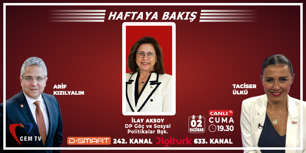 Arif Kızılyalın ve Taciser Ülkü haftanın öne çıkan olaylarını konuklarıyla değerlendiriyor. Haftaya Bakış'a @_DemokratParti  Göç ve Sosyal Politikalar Başkanı @ilay_aksoy konuk olacak.

📅 02 HAZİRAN CUMA
🕢 19.30
📺 Cem TV
#cemtv #haftayabakış

@arifkizilyalin @AvTaciser