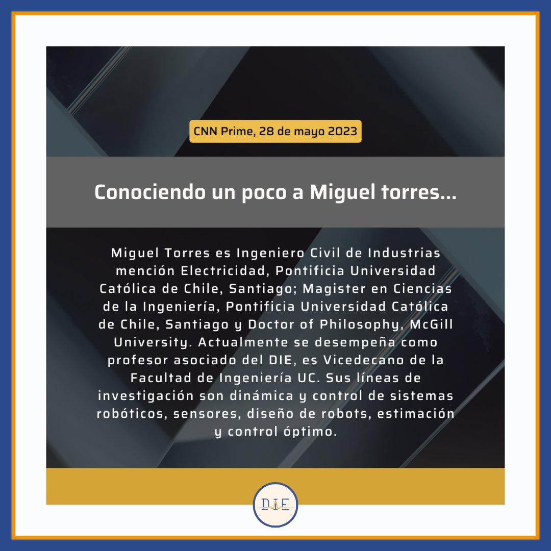 REPOST || Instagram <a href="/UcElectrica/">Departamento de Ingeniería Eléctrica UC</a> ||

Les invitamos a ver la noticia de CNN Chile Prime "Paciente tetrapléjico vuelve a caminar" en la cual Miguel Torres, profesor del DIE, participa 🤖💡

Nota: tinyurl.com/uhzbpfwa (54:50)