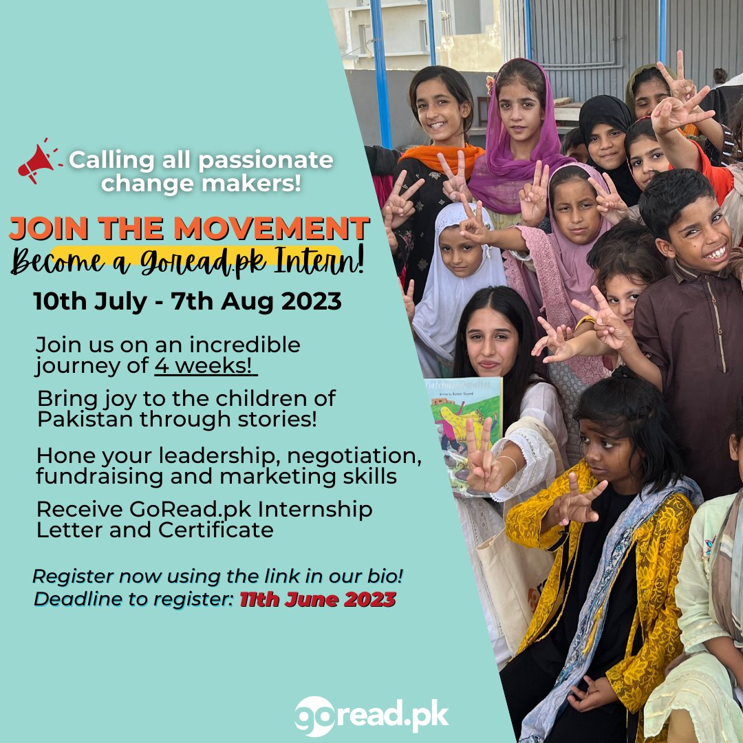 Become a GoRead.pk intern! 🚀 Embark on a 4-week journey of spreading joy through storytelling! ✨🎇💡

Register now! Deadline: 11th June '23
forms.gle/HEDMbkvTNG3GEg…

@BSSWorldwide @WeAreCitySchool @HabibUniversity