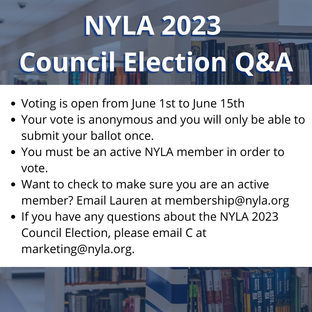 THE 👏 BALLOTS 👏 ARE 👏 OPEN 👏 It's time to cast your ballot for the NYLA 2023 Council Election! Your ASSOCIATION needs YOUR voice. Swipe to the next slide to learn how to vote in the election and make sure to visit the NYLA Council Election page: nyla.org/nyla-council-e…