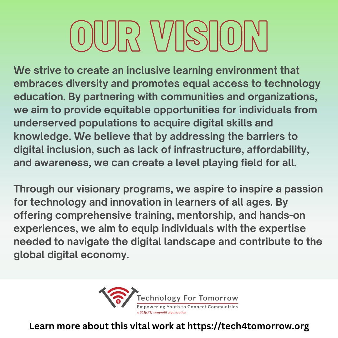 T4TUSA's tweet image. At Technology for Tomorrow, our vision is to eradicate the digital divide through accessible technology education for all. #digitaldivide #technologyeducation #digitalliteracy #digitalinclusion #equalaccess #technology4tomorrow #technology #education #digital
