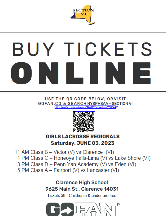 Clarence High School is hosting the Far West Regionals for Girls Lacrosse. Please see the QR code for ticketing info or visit our website.