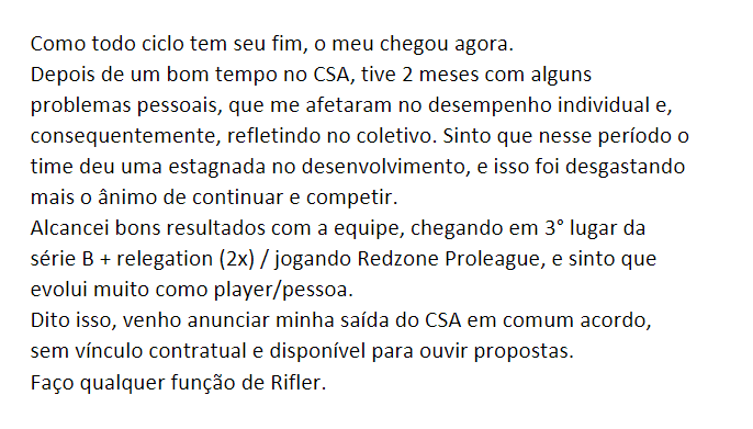 F/A

Saída do CSA e futuro:

Rt´s apreciados 🫡
