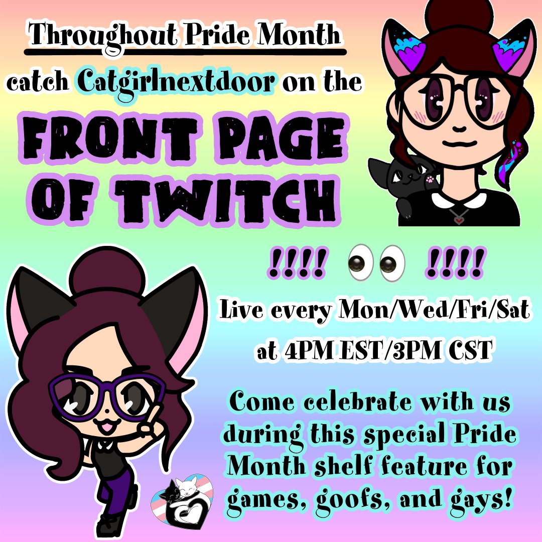 anotheralicat's tweet image. Happy pride month!
I'm so excited that I was chosen to be a part of the LGBTQIA+ Pride shelf on @Twitch's front page this month! We have some fun events planned this month including our new challenge this weekend of romancing every NPC in SDV! If you see me on there, come say hi!