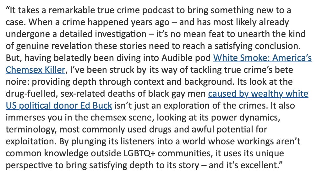 White Smoke just got the most amazing write up in the <a href="/guardian/">The Guardian</a>'s podcast newsletter.  It's so rare to feel seen for all the work and thought that went into a series. INCREDIBLY proud of <a href="/PatrickStrud/">Patrick Strudwick</a>, <a href="/katekateholland/">Kate Holland</a>, <a href="/MichealRice7/">MICHEAL RICE</a>, Will Yates, <a href="/emma_barnaby/">Emma Barnaby</a>, <a href="/ibbykirk/">Isabella Kulkarni</a>.  <3