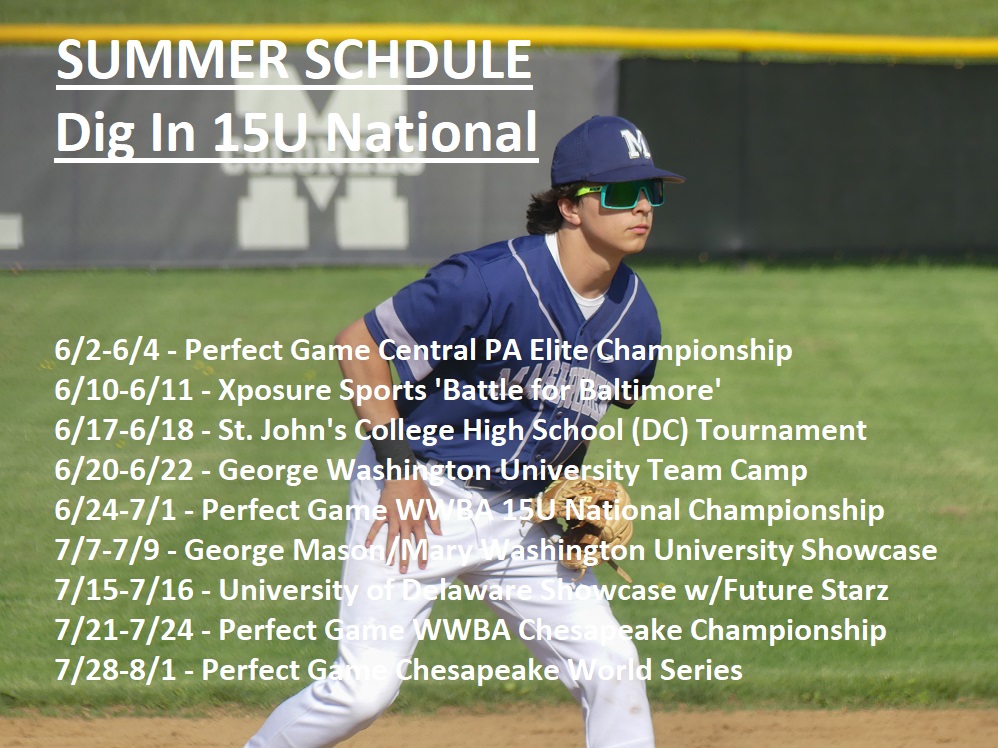 Today we head to summer tournament #1 with @DigInBaseball @DigIn_National.  For anyone interested in following along my summer schedule is below.