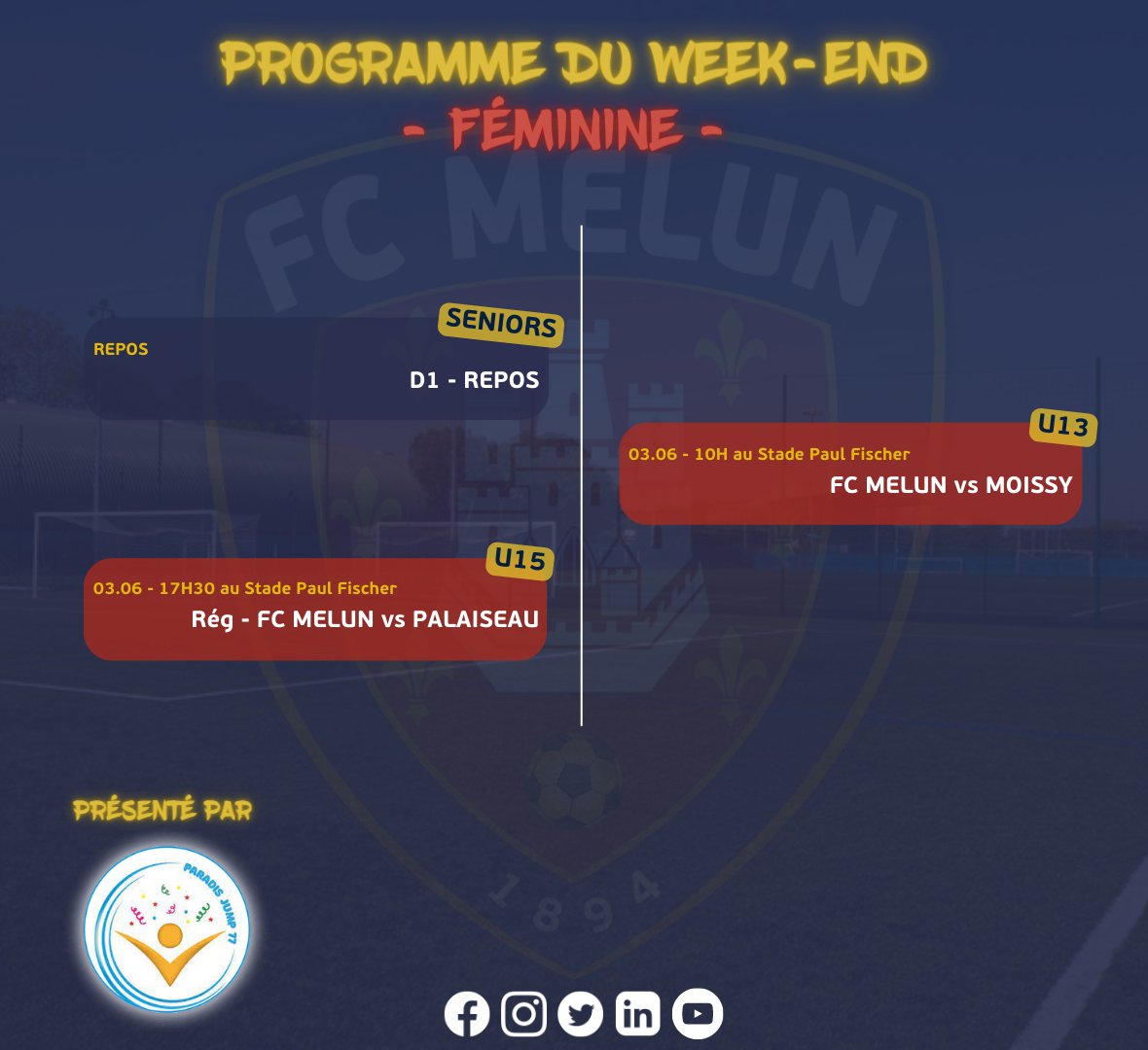 🗓Planning des matchs du week-end 💥

Notre partenaire @paradisjump a le plaisir de vous annoncer le planning des rencontres de cette fin de semaine.

👶Pôle école de foot
👦Pôle pré-formation
🧔‍♂️Pôle formation
👩‍🦰Pôle féminin

Bon week-end à tous !

#TeamFCMelun ❤️💙