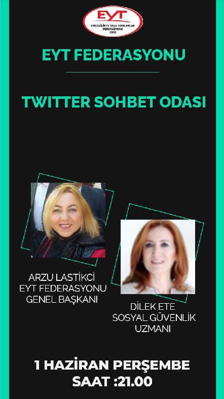 D U Y U R U 
👇👇👇

BU AKŞAM
SAAT 21.00

@EytFederasyonu Genel Başkanımız Sn <a href="/ArzuLastikci/">EYT & EF Arzu LASTİKCİ</a> 

VE

Sosyal Güvenlik Uzmanı
Sn <a href="/dileketesgk/">Dilek ETE</a> 
Twitter odamıza konuk olacaklardır.

Moderatör : @TANERrrrrrrrr27

#ABOhakİNTİBAKşart 
#EmeklilikteYaşaTakılanlar