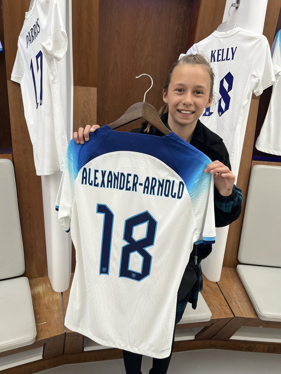 StephMathers's tweet photo. @TrentAA Wembley Tour today and this little beaut was so excited she got to hold this shirt. She even ran across the changing room to find it! #playliketrent #number1fan #Trent #England #WembleyTour https://t.co/tEuLLNLEVD