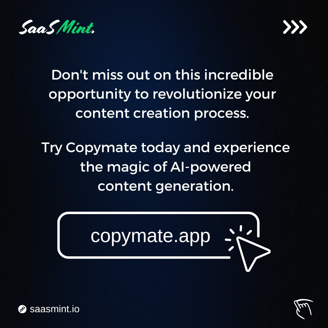 🚀💡 Create high-quality, SEO-optimized articles in minutes and watch your online presence soar! 📚🔥

#Copymate #ai #AIContentGenerator #SEOOptimization #seo #seocontent #contentcreation #artificialintelligence #artificialintelligenceai #softwareasaservice #saas #saasmint