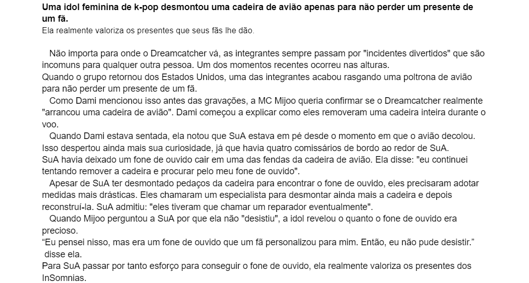 [#INFO] 01.06.23 - Koreaboo postou um artigo sobre a saga de SuA para recuperar seu airpod customizado, compartilhada por ela e Dami no Weekly Idol.

"Uma idol feminina de k-pop desmontou uma cadeira de avião apenas para não perder um presente de um fã."

Tradução completa: