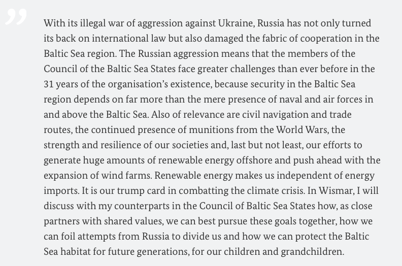 GermanEmbassy's tweet image. "The Russian aggression means that the members of the Council of the Baltic Sea States face greater challenges than ever before in the 31 years of the organisation’s existence", said Foreign Minister @ABaerbock ahead of the Council's meeting in Wismar. #CBSS
Statement in full ⤵️