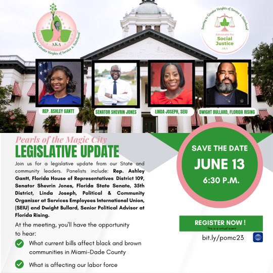 makedamclune's tweet photo. Join us on June 13th as we receive a Legislative Update from @Gantt4Florida @ShevrinJones @DwightBullard @FLRising @seiu Linda Joseph. #legislativeupdate #POMC #PearlsofMagicCity #Advocacy #AdvocateforSocialJustice https://t.co/QGujaZii39