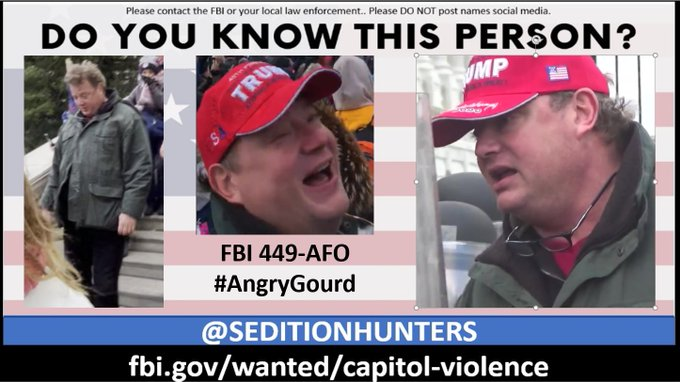 Please share across all platforms. Do you Know this person?? Please contact the FBI with 449-AFO tips.fbi.gov or contact us at admin@seditionhunters.org Please do not post names on social media #AngryGourd #CapitolRiots  Wanted for Assault on a Federal Officer