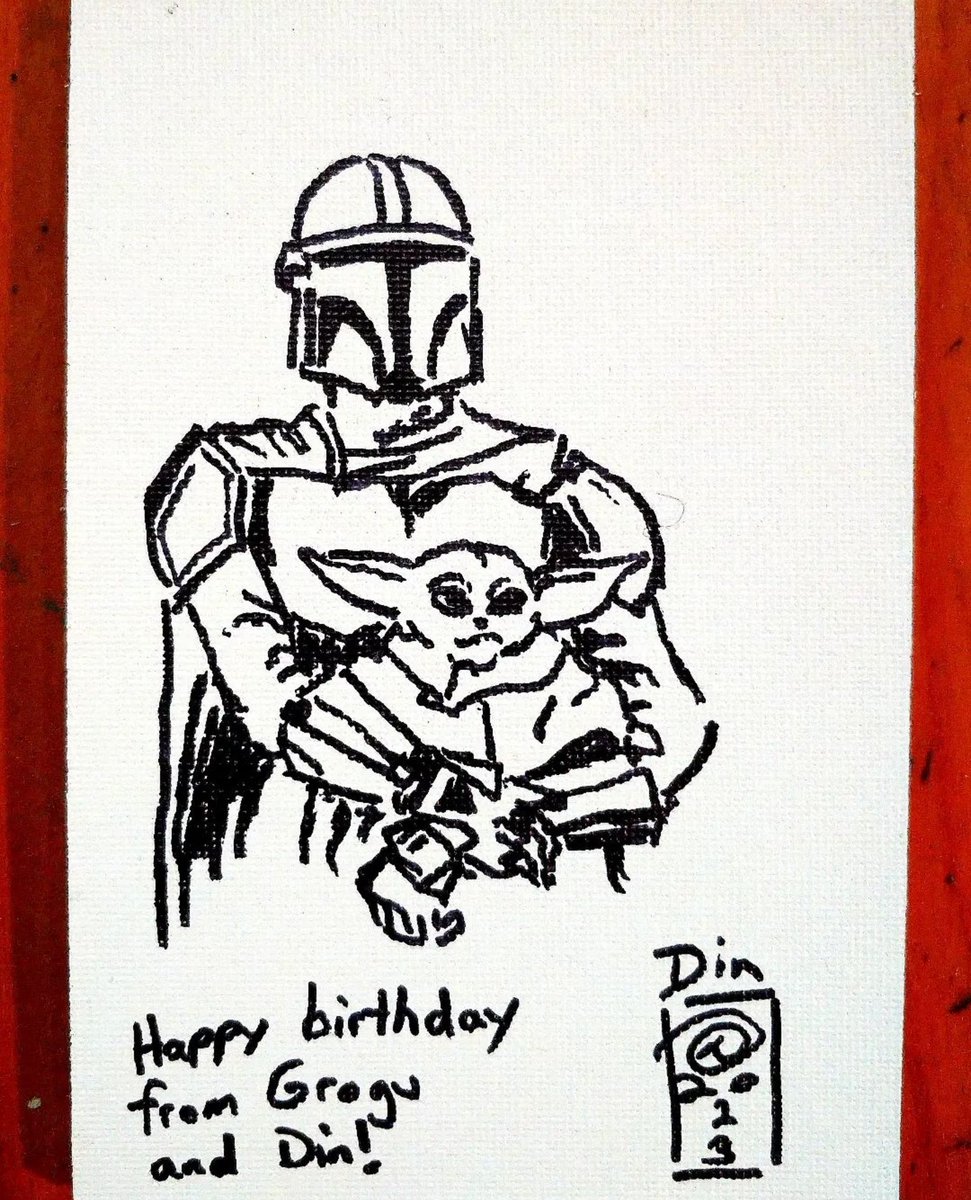 '#DinDjarin & #DinGrogu by Din Jalonen (#HappyBirthday)'. Sharpie on paper. 4' x 6''. 2003

Why @lucasfilm is stealing my formerly unique name and giving it to EVERY character! 😅

#themandalorian #mandalorian #grogu #jonfavreau #davefiloni  #starwarsart #fantasyart