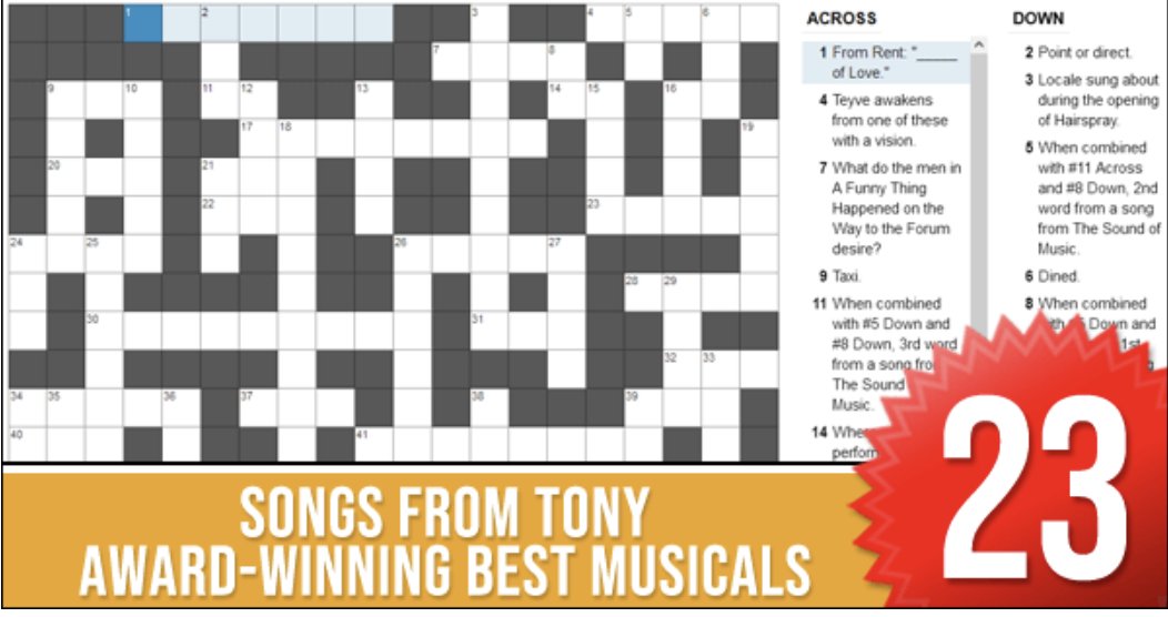 SoundsofBway's tweet image. In celebration of the upcoming Tony Awards, SoundsofBroadway.com, your 24/7 online Bway radio station, has created a number of Tony-themed crossword puzzles - Songs From Best Musicals &amp;amp; Best Actress in a Musical.  Give them a try.  Have some fun!  soundsofbroadway.com/puzzles/
