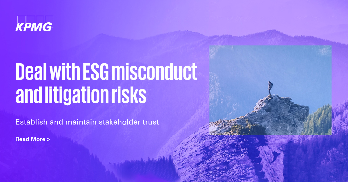 KPMG_US's tweet image. Expectations regarding companies’ Environmental, Social, and Governance (ESG) practices continue to evolve. Investors and customers are increasingly putting pressure on companies. #KPMG #litigationrisks ow.ly/8HEV50OA5to