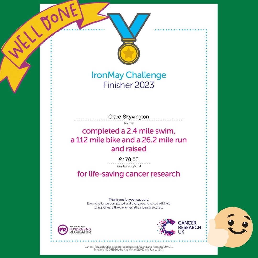 Well done to Clare Skyvington for completing her Iron May challenges and raising £170 for cancer research!

#challengecomplete #letsbeatcancertogether