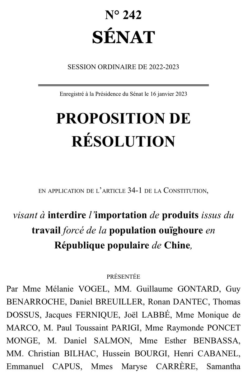 Following an initiative of the greens, the French senate just voted a resolution demanding a European mechanism to ban import of goods made using forced labor.

We have recognized that a genocide against the Uyghur population was going on.

Now this must turn into action.
