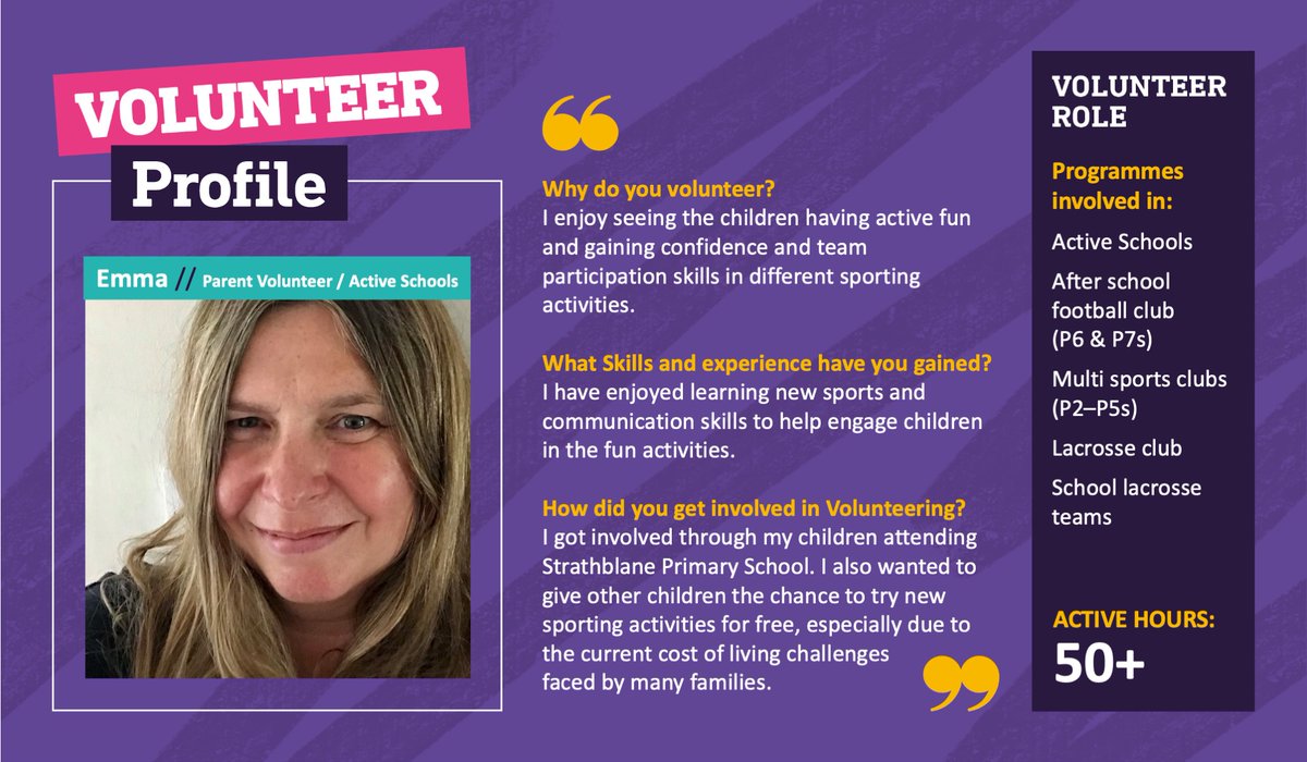 Volunteers Week 2023
Today our spotlight is on Emma, a Parent Volunteer with Active Stirling who has given 50+ hours #ServingOurCommunities 
#Stirling #Volunteer #ActiveStirling #VolunteersWeek #VolunteersWeekScot #ClubSport @StirlingCouncil @VolWeekScot @ActiveSchoolStg