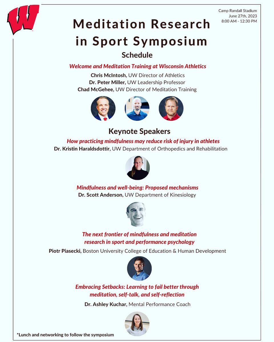 Chad McGehee (@mcgeheechad) on Twitter photo Presentation titles announced for the MEDITATION RESEARCH IN SPORT SYMPOSIUM on June 27!
🔗 for more info & registration: lnkd.in/eGdrXDZY
#meditation
#mindfulness
#mentalflex
#onwisconsin <a href="/UWBIOS/">Badger Inquiry on Sport (BIOS)</a> <a href="/PiotrAPiasecki/">Piotr Piasecki</a> <a href="/Ashley_Kuchar/">Ashley Kuchar, PhD</a> Presentation titles announced for the MEDITATION RESEARCH IN SPORT SYMPOSIUM on June 27!
🔗 for more info & registration: lnkd.in/eGdrXDZY
#meditation
#mindfulness
#mentalflex
#onwisconsin <a href="/UWBIOS/">Badger Inquiry on Sport (BIOS)</a> <a href="/PiotrAPiasecki/">Piotr Piasecki</a> <a href="/Ashley_Kuchar/">Ashley Kuchar, PhD</a>
