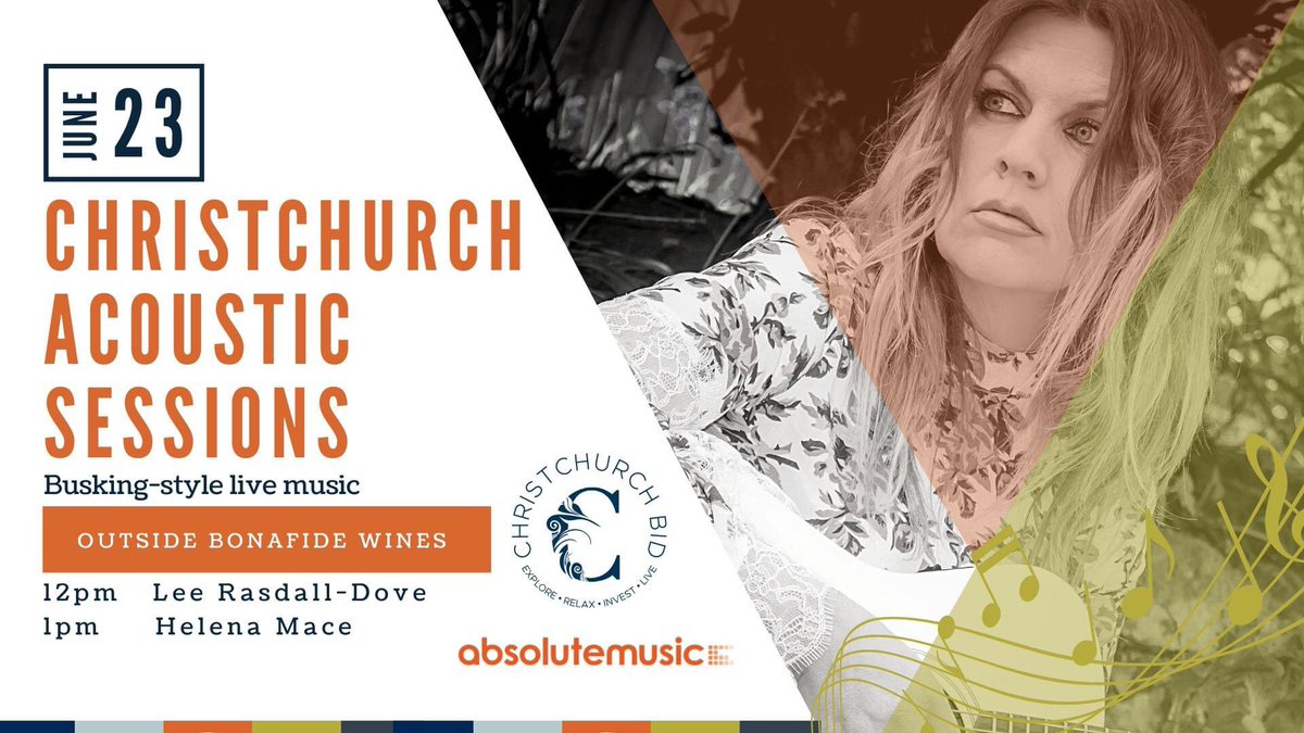 🎶🎤 Enjoy busking-style live music.

🎸Christchurch Acoustic Sessions 🎵

Friday 23rd June 2023
🎶 Acts...
12pm Lee Rasdall-Dove
1pm Helena Mace

Supported by Absolute Music 🎸👉🏻 absolutemusic.co.uk

📍Located outside Bonafide Wines, Bargates (just by the crossing).

☕ 🍺