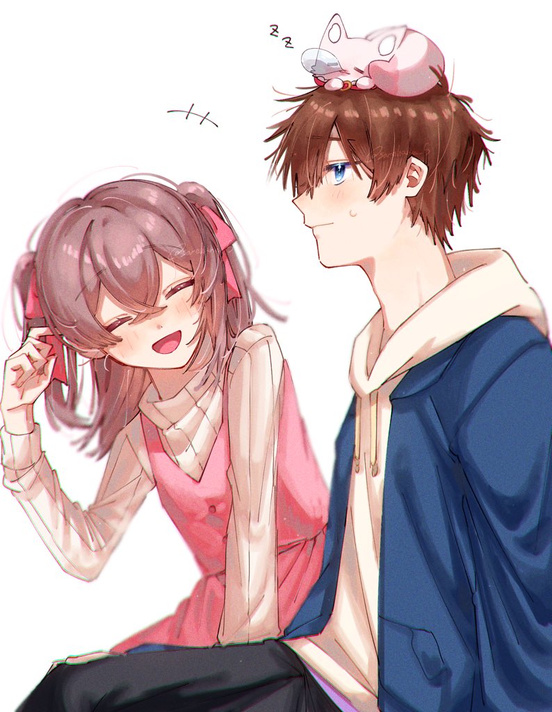 1girl 1boy brown hair blue eyes closed eyes pink dress hood  illustration images