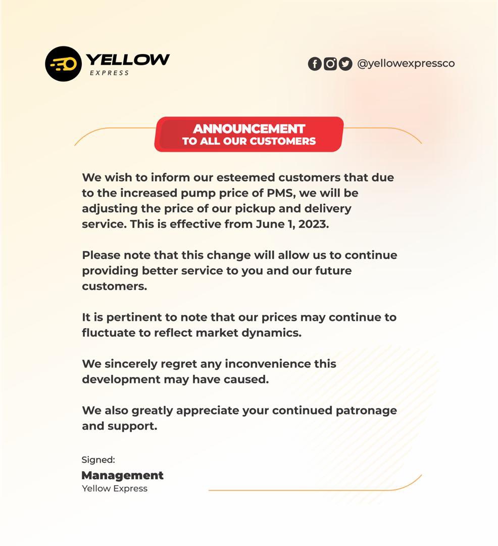 yellowexpressco's tweet photo. Public Service Announcement !!!!!

Please bear with us as we review our prices 🙏🏾

#FuelPrice #fuelsubsidy #NNPC https://t.co/f8xeeK6Jbw