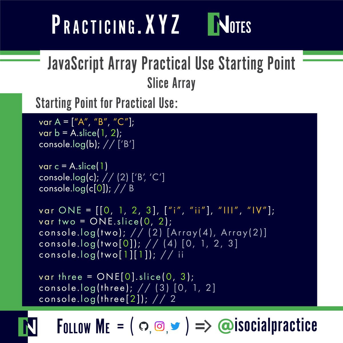 isocialpractice's tweet image. JavaScript array practical use starting point for slicing array elements #javascriptArrays. To see the use example in action visit github.com/isocialPractic….
 
#javascript #javascriptmethod #code #array #method #javascriptArray #javascriptBasics #javascriptcheatsheet #web
