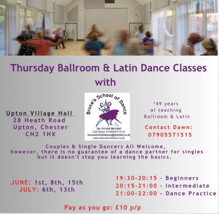 New Dance Class tonight - come join us in Upton village hall CH2 1HX from 7.30pm
#Chester #uptonbychester #learntodance #Dance #danceclass #ballroomdance