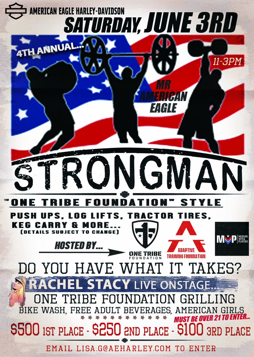 Don't forget! This Saturday is The 4th Annual Mr. American Eagle Strongman Competition! Will there be pushups? log lifts? keg carries? bike pulls? tire toss? You will just have to sign up and find out! The 1st place winner earns $500, while the 2nd earns $250, and the third $100!