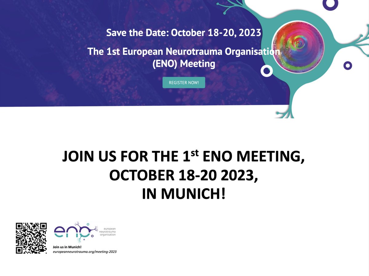 Exciting news! 
This coming fall, we will host the very first European Neurotrauma Organisation Meeting! We look forward to welcoming you in Munich 🧠

#ENO2023
Join us! europeanneurotrauma.org/meeting-2023