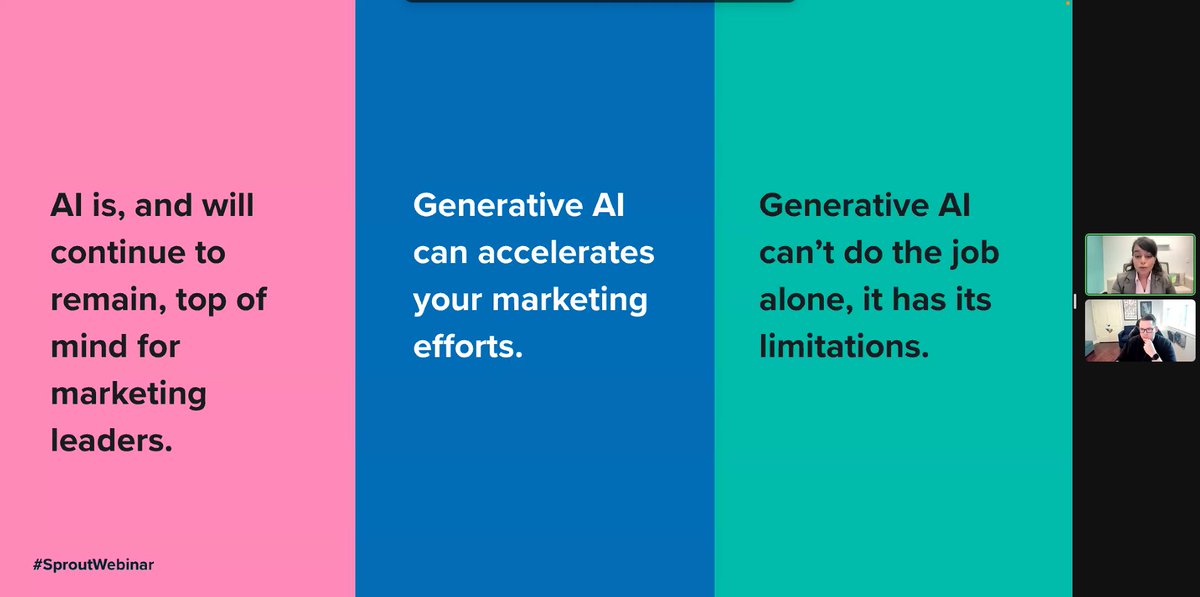 annalaurahhh's tweet photo. A few takeaways from today's #SproutWebinar!

- AI isn't coming for your job.

- AI tools emphasize the *need* for great social media marketers.

- It's your "brainstorming bestie" to help you guide strategic planning.

#AI #SMM #SocialMediaMarketing https://t.co/BLX3Wj2PAD